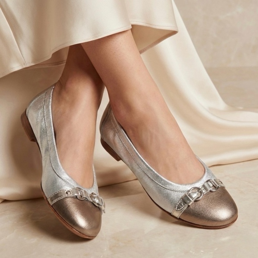 AGL Monika Silver Leather Bronze Cap Toe Ballet Flats